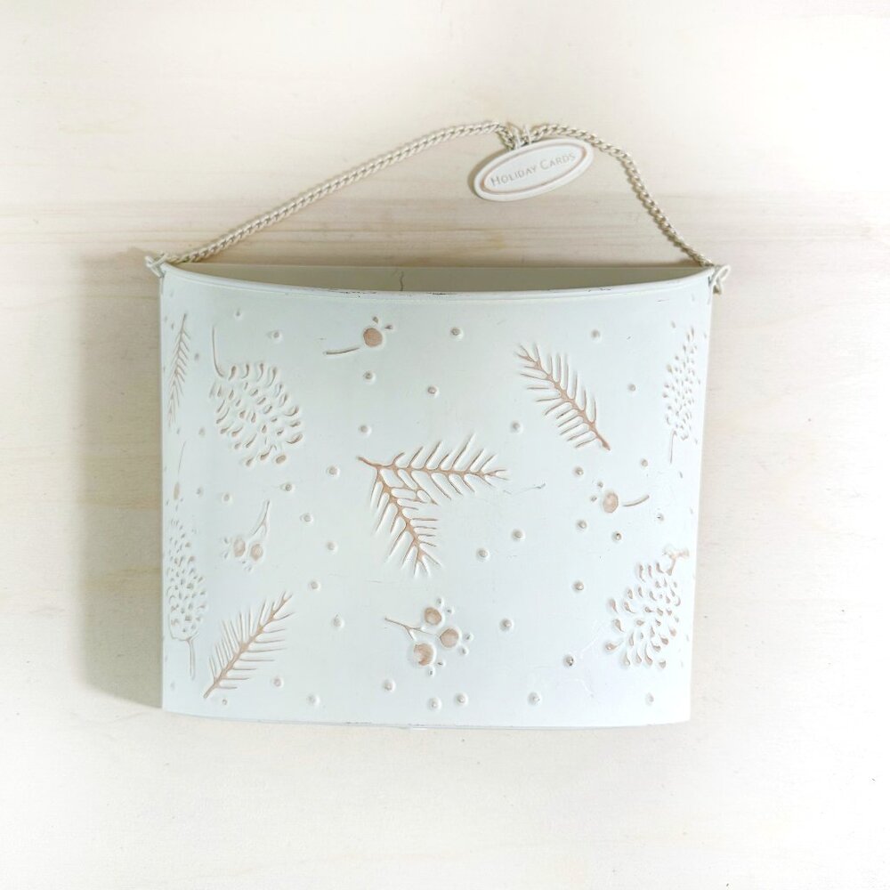 Hallmark Metal‎ Holiday Cards Holder White Pine Cones Rustic Decor